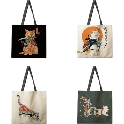 Ladies shoulder bag Japanese animal Ukiyo-e tote bag linen fabric casual tote bag foldable shopping bag beach bag fashion bag