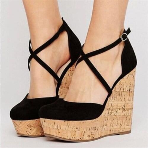 New Design Ankle Buckle Strap Sandals Women Platform 15CM Wedges High Heels Summer Sexy Round Toe Cross Narrow Band Pumps