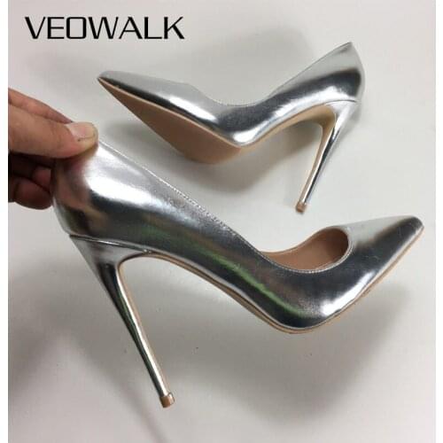 Veowalk Silver Matte Women Sexy Stilettos Pumps 8 10 12cm Pointed Toe High Heels for Elegant Ladies Woman Party Wedding Shoes