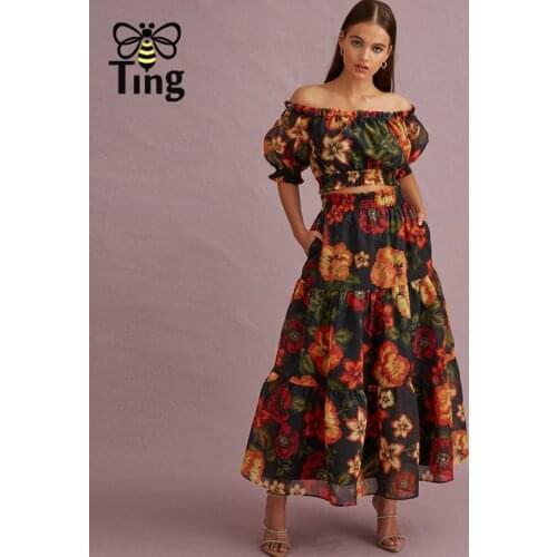 Tingfly 2021 Runway Dress Flower Print Cropped Tops & A Line Long Skirts Women Fashion 2 Pcs Sets Dress Sets Design Outfits Chic
