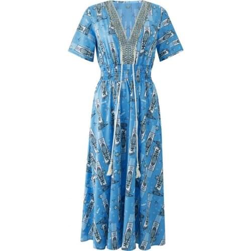 Women New Stylish Dress V Neck Paisley Print Waist Tight Short Sleeve Loose Long Dress Streetwear for Summer Streetwear