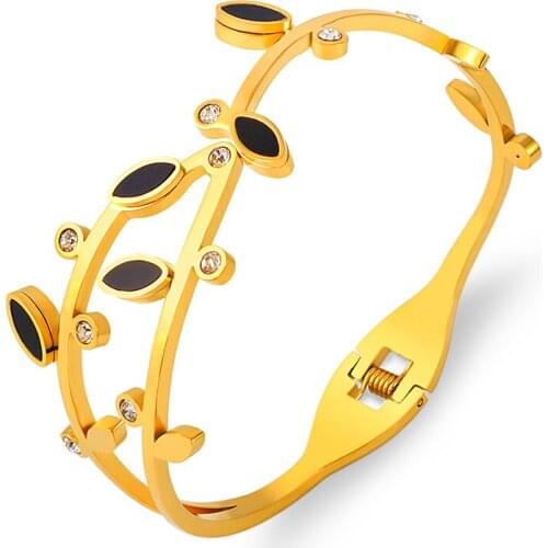 2021 New Popular Branch Design Geometry Charm Bracelet Titanium Steel Rhinestone Bracelet For Lady Jewelry Black Enamel Bangle