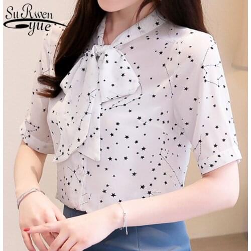2021 Fashion Women Bow Chiffon Blouses Short Sleeve Casual Women Tops Print White and Blue Women Clothing Office Lady 5242 50