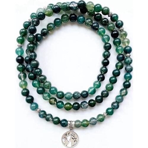 Natural Moss Stone Beads 8mm Mala Beads Meditation Bracelet Earth Map Charm Yoga Mala Beads 108 Buddha Jewelry