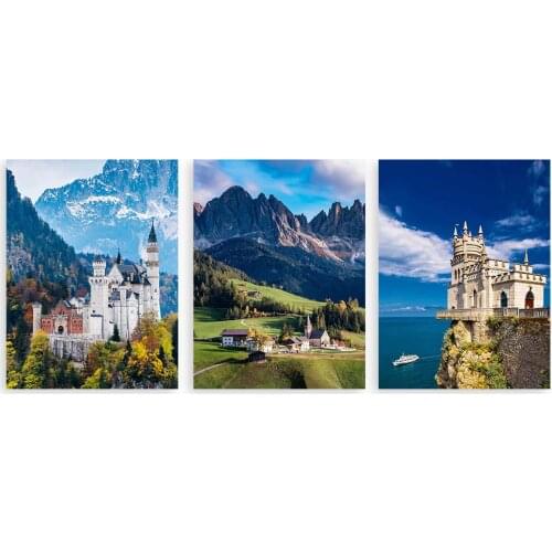 Canvas Prints of New Swan Stone Castle, Swallow Castle and Cabins Under High Mountain Picture Drop shipping