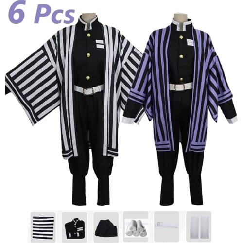 6 PCS Demon Slayer Iguro Obanai Cosplay Costume Kimetsu no Yaiba Battle Kimono Men Women Halloween Uniform Carnival Black Wig