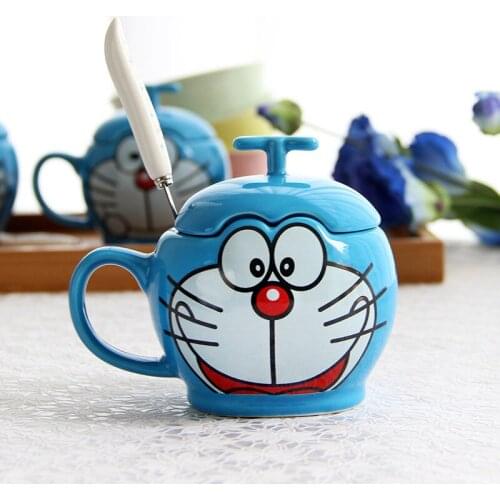 Cartoon Ceramic Cup with Lid Spoon Simple Doraemon Cup Coffee Cup Breakfast Children Birthday Gift Cup Coffee Mugs Cute Mugs