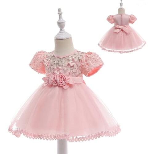New Fashion Baby Girls Dresses Toddler Short Sleeves Flower Tulle Christening Ball Gown Formal Kids Baptism Dresses