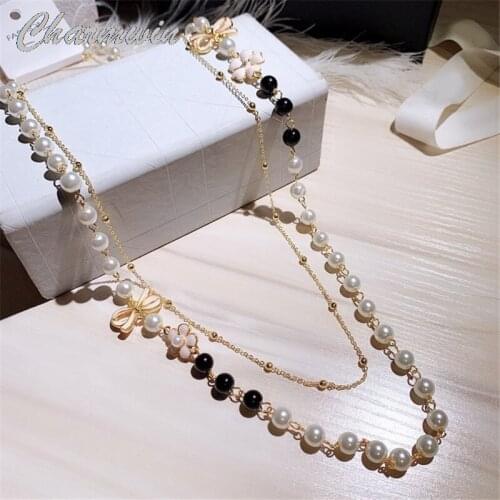 New Fashion Korean Long Necklaces Exquisite Classic Bowknot Imitation Pearl Two Layers Sweater Chain Necklaces For Women