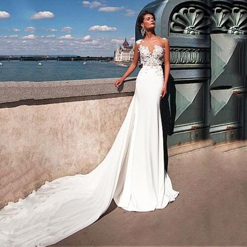 Sexy Wedding Dresses With Detachable Skirt 2021 Lace Appliques Mermaid Bridal Gowns White Ivory Chiffon Court Train Sleeveless