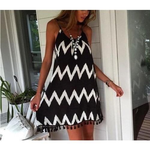 New sexy womens dresses wave pattern tassel strap dress 2019 summer casual loose mini youth cover meat black and white halter
