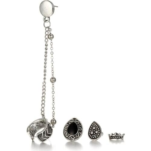Vintage Antique Silver Crown Water Drop Long Tassel Stud Earrings Set For Women Ear Clip Cuff Fashion Accessories Jewelry 4 pcs
