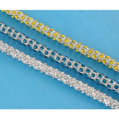 10 meters 4mm White/Blue/Yellow Colors Glass Crystals Rhinestone on Silver Metal Ribbon Trim Lace Chain For Sewing Apperal Craft