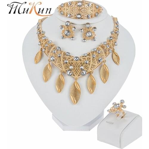 Wedding Jewelry Sets for Bride Dubai Gold Color Jewelry Set for Women Crystal Necklace Earrings Ring Bracelet Water Drop Jewelry