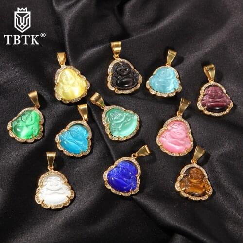 TBTK Sainless Steel Buddha Pendant Agate Jade Colorful Cubic Zirconia Gem With Tennis Chain Necklace Hiphop Jewelry