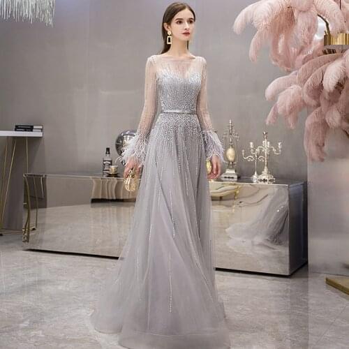 Dubai Evening Dresses Long Sleeve with Feathers 2021 Luxury Sexy Sheer O-Neck Engagement Party Gown Beaded Vestido De Festa 040