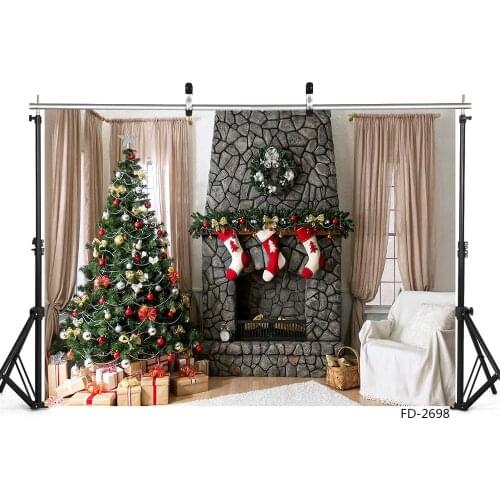 Christmas Tree Fireplace Decorations Gift Wood Floor Indoor Vinyl Photography Background Baby Kids Backdrops Photo Studio Props