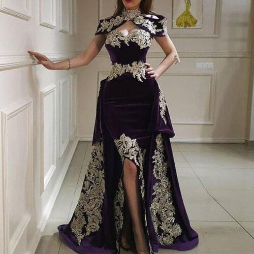 Vintage 3 Pieces High Collar Grape Mermaid Evening Dresses Detachable Overskirt Gold Lace Appliques Arabic Formal Party Gowns