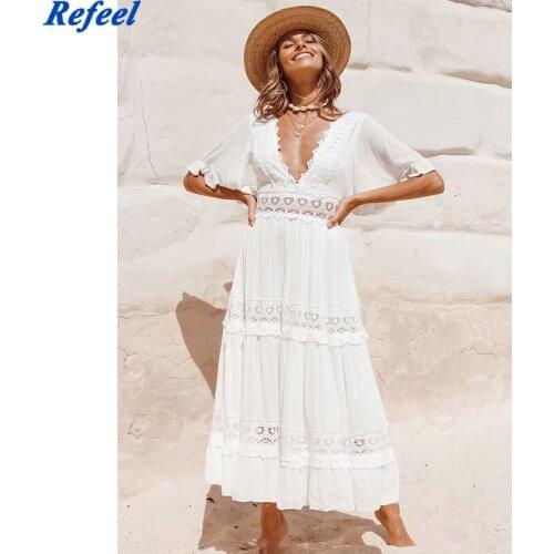 Casual Cotton Stitching Embroidery Maxi Dress Bohemian White Summer Short Sleeve Women Beach Dress Sexy V-neck Vestidos