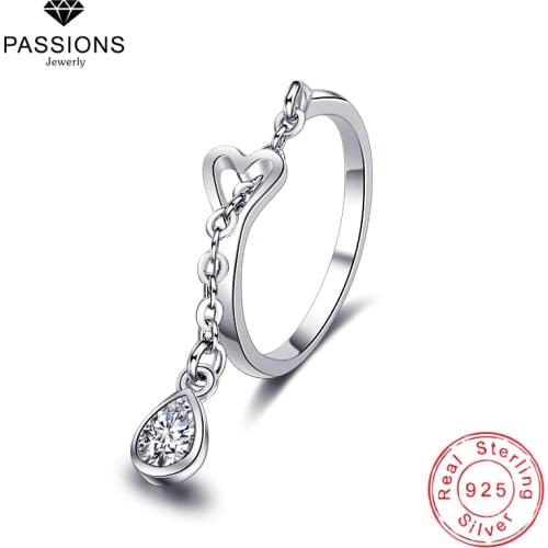 Hot Sale Fashion AAA Zircon Waterdrop Pendant Chain Rings 925 Sterling Silver Adjustable Heart Ring For Women&Girl Jewelry Gift
