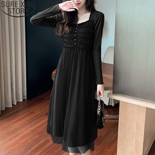 Office Lady Square Collar Pearl High Waist Dress for Women French Chic Fairy Mesh Dresses Long Sleeve Vestidos Feminino 12442