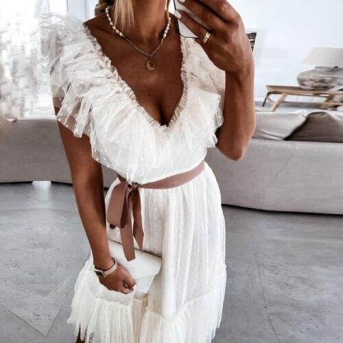 2021 Spring Butterfly Sleeve Mesh Party Dress Summer Lace-up Belted Maxi Dresses Vestidos Women Elegant V Neck Ruffle Long Dress