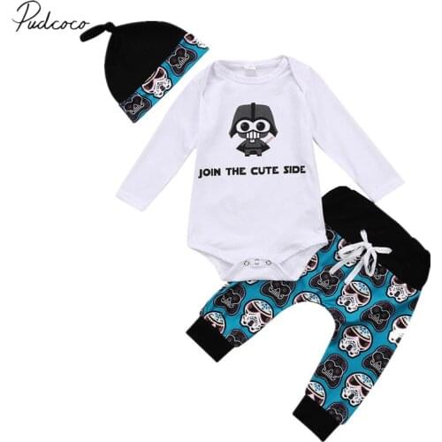 2018 Brand New Toddler Baby Boy Girl 0-18M Fashion Clothes 3PCS Long Sleeve Cartoon Letter White Romper Tops+Long Pants+Hats