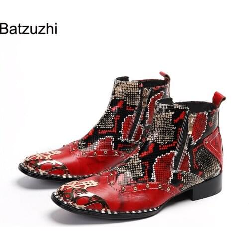 Batzuzhi New Handmade Men Shoes Square Toe Red Genuine Leather Boots Men Zip Short Knight, Party and Wedding Botas Hombre