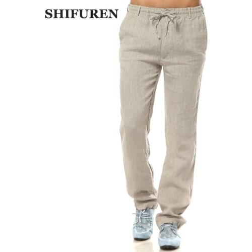 SHIFUREN Summer Linen Pants Men Elastic Waist Loose Fit Breathable Pure Linen Causal Straight Pants Lightweight Male Trousers