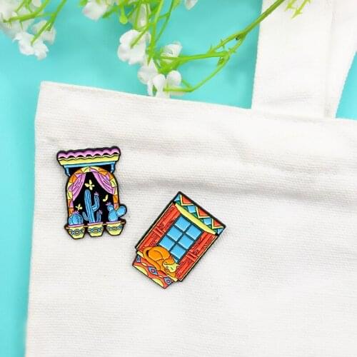 Windowsill scenery Enamel Brooch Cat sleeping in front of the window cactus butterfly Lapel Pin Balcony eaves creative Badge