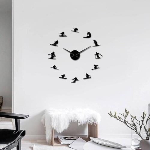 Mountain Skier Winter 3D DIY Wall Clock Quiet Sweep Skiing Vintage Style Ski Wall Art Long Hand Clock Watch Gift For Sport Lover