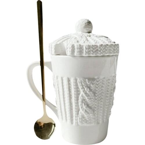 Lovely lace woolen embossed ceramic mug, creative mug with lid, milk mug, tall mug with spoon, water mug
