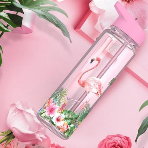 Cute 720ml Outdoor Sports Cartoon Flamingo Drinking Straw Water Juice Bottle Cup New Light weight wide-mouth opening easy to use