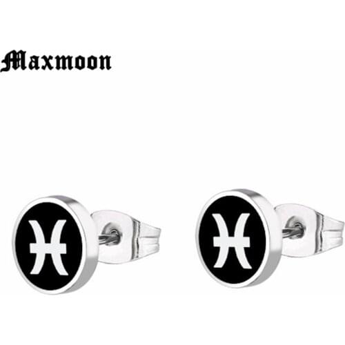 Maxmoon Mens Pisces Stud Earrings for Men Boy Twelve constellations Rounded Ear Clip Studs Earing Piercing Male Jewelry
