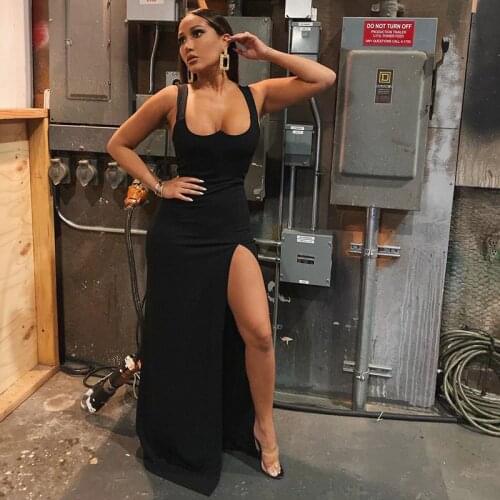 QuanRun Halter Sleeveless Slit Long Dress Elegent Women Fashion Party Club Streetwear Casual Black Clothing 2021 Spring Summer