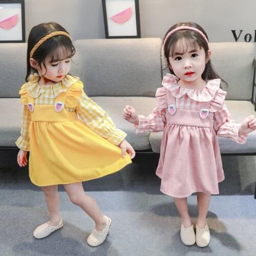 Baby Girls Dresses Children Long Sleeves Autumn Clothes Ruffle Plaid Patchwork Strawberry Appliques Princess Dress Kids Outfis