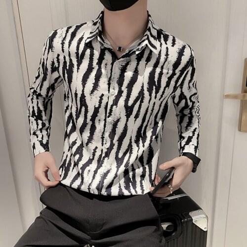 Zebra Print Shirt for Men Autumn Long Sleeve Slim Business Formal Dress Shirts Streetwear Social Party Tops Tuxedo Male Clothing