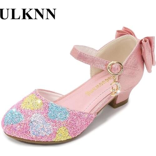 ULKNN Girls Sandals Princess Shoes Children Shoes round-Toe Soft-Sole Big girls High Heel Princess Crystal Shoes Single Shoes