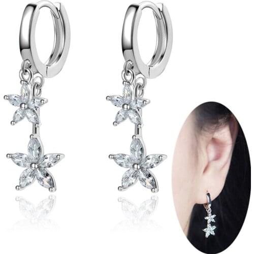 Sparkling Bling Flower Diamond Cubic Zirconia Stone Trop Dangle Hoop Earrings Sterling Silver 925 Mini Huggie Earrings