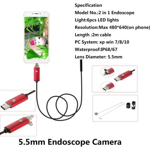 5.5mm Lens 2M USB Endoscope IP67 Waterproof Camera Andorid Endoscope 6 LED Mini Camera 2 In 1 Android Phone Endoscopio