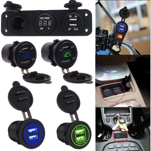25V 2.1A Waterproof Dual Ports USB Socket Adapter Power Outlet Display Voltmeter for 12-24V Car Boat Motorcycle Vehicles