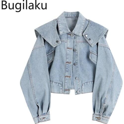 Bugilaku Turn Down Collar Denim Jackets Women Solid Color Long Sleeve Jeans All-match Casual Single Breasted Chic Outerwear