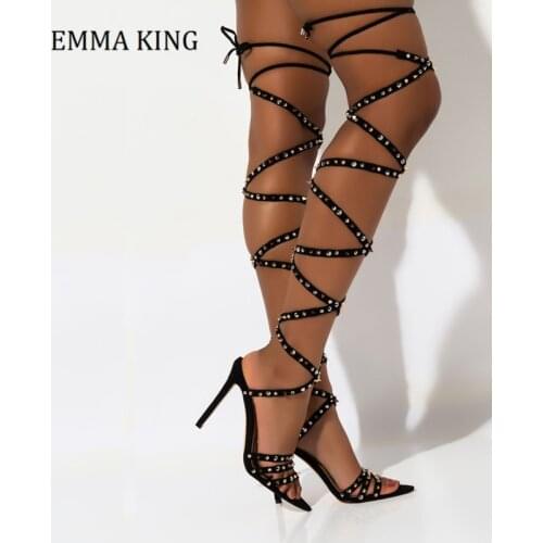 2020 Gladiator Sandals Pointed Toe Rivets Studded Cut Out Over the Knee Boots Sandals Stiletto Heel Women Shoes 2020 Summer