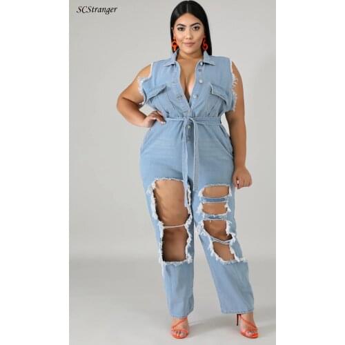 SCStranger Jumpsuit Women Summer 2021 Fashion Sexy Plus Size Clothing Long Sleeve Frosted Water Washed Hole Denim Long Romper