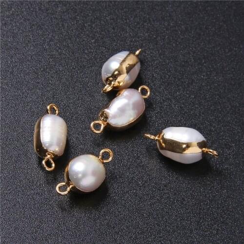 3PCS Golden Edged Natural Peanut Shape Pearl Pendant White Pearl Double Hole Connector Charms For Jewelry Making Accessories DIY