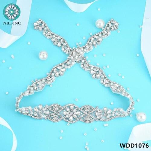 30PCS) Wholesale hand beaded silver crystal pearl rhinestone applique iron on for wedding dress WDD1076