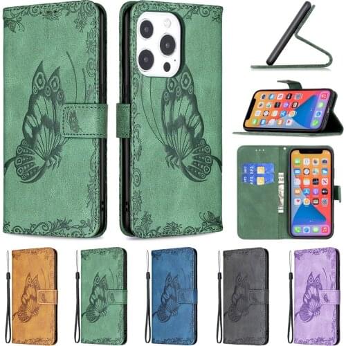 Case For iPhone 13 Pro Max 12 Mini 11 XR XS 8 7 Plus SE 2020 PU Leather Phone Covers Vintage Embossed Butterfly Wallet Flip Etui