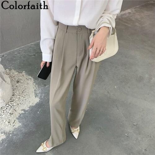 Colorfaith New 2021 Womens Spring Autumn Women Pants Wide Leg High Waist Elegant Office Lady Ankle-Length Wild Trousers P3135
