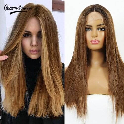 CharmSource Long Straight Wig Lace Front Synthetic Wigs Brown for Black White Women Daily Hair High Density Heat Resistant