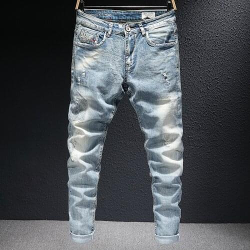 European Vintage Fashion Men Jeans Retro Light Blue Elastic Slim Fit Ripped Jeans Men Patches Designer Cotton Denim Pencil Pants